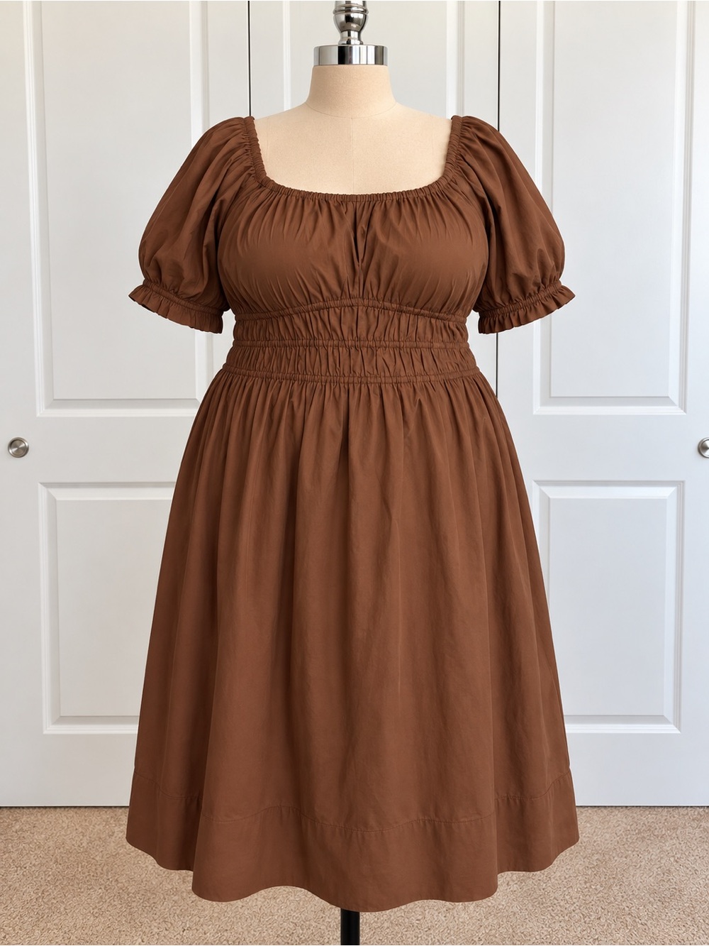 Terra & Sky Brown Puff-Sleeve Smocked Midi Dress